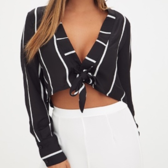 PrettyLittleThing Striped Cropped Blouse - Picture 1 of 9